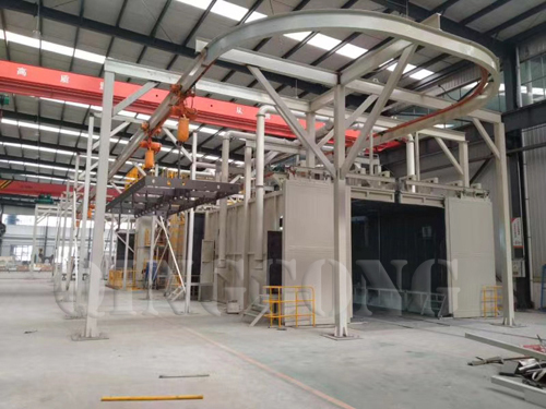 Sand blasting room in abrator for welding steel structure